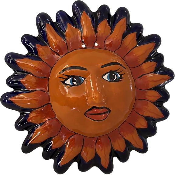 Talavera Ceramic Sun Face Wall Sculpture, Orange, Ceramic, 12" Diameter