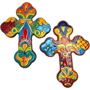 Talavera Cross (2) Sculpture Folk Art Multicolor Mexican Pottery Home Decor Hand Painted Handmade Indoor Outdoor 12" (Multi 15)