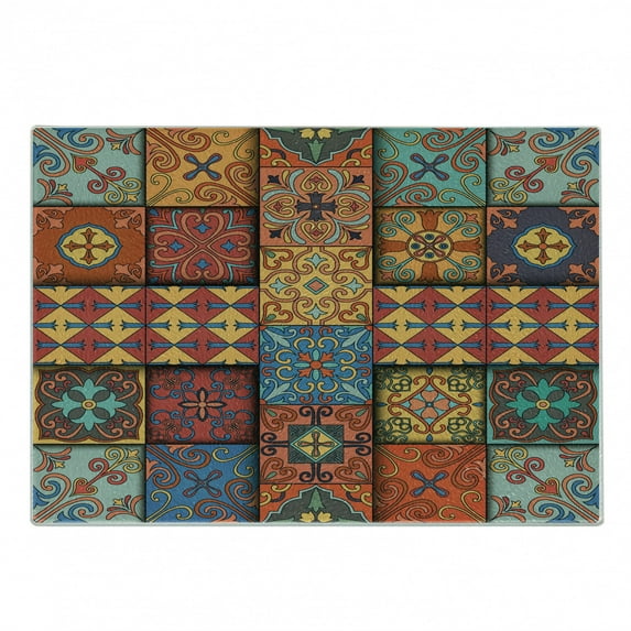 Talavera Cutting Board, Colorful Dimensional Look Tile Squares Illustration in Azulejo Style, Decorative Tempered Glass Cutting and Serving Board, in 3 Sizes, by Ambesonne