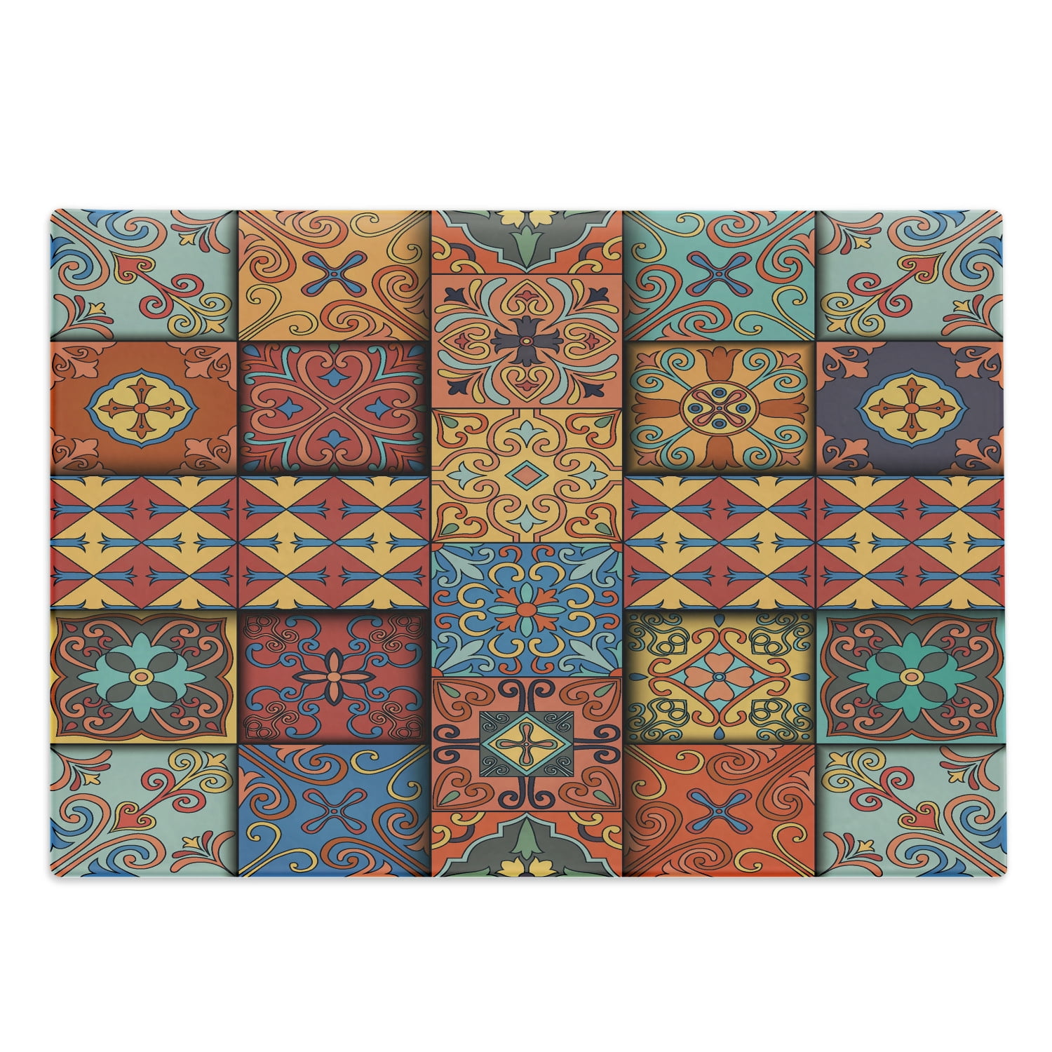 Talavera Cutting Board, Colorful Dimensional Look Tile Squares Illustration in Azulejo Style, Decorative Tempered Glass Cutting and Serving Board, in 3 Sizes, by Ambesonne