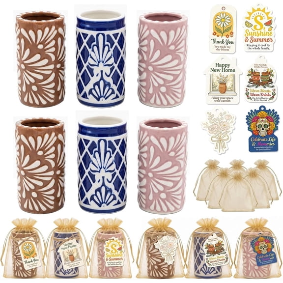 ]Talavera  Glasses, Cute  Blue Ceramic Cups, Set of 6 |  for :  Handcrafted Mexican Pottery Shot Glasses with 6 Festival  & Beige Organza Bags