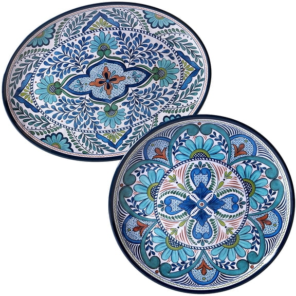 Talavera Melamine Platter Set of 2, Multicolor Decorative Serving Trays for Outdoor Entertaining, Mediterranean-Inspired 100% Melamine Oval & Round Platters for BBQ, Tacos, Tapas & More