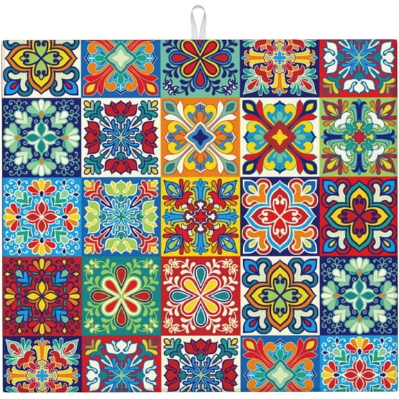 Talavera Mexican Ceramic Tiles Boho Drying Mat 16x18 Inch For Kitchen Counter Drying Mats Dish For Kitchen Counter Easy Clean Kitchen