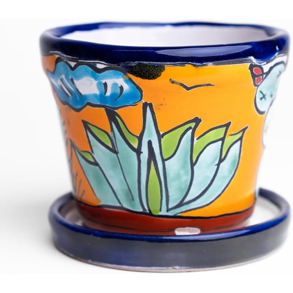 Talavera Mexican Pottery Planters with Saucer 4" Rancherito - Cactus - Sun Pot Hand Painted Ceramic Plant Pot Planter Indoor Outdoor (Rancherito)