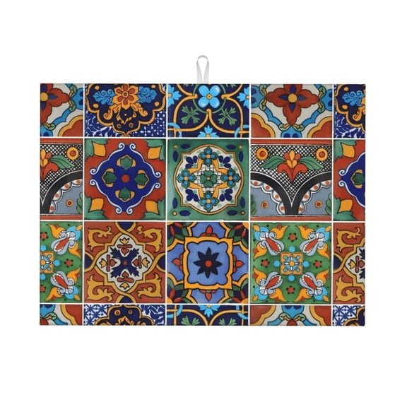 Talavera Mexican Tiles Dish Drying Mat For Kitchen Counter, Super Absorbent Microfiber Dish Drying Pad, Kitchen Gadgets For Easy Clean Multi-Use Large 18" x 24"