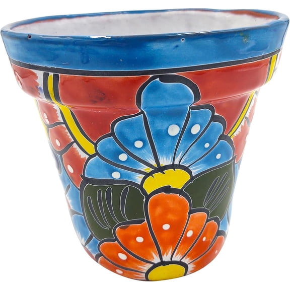 Talavera Planter, Hand-Painted Mexican Traditional Ceramic Pot with Drainage Hole, Indoor Outdoor Rustic Botanical Terracotta, 7 Inch, Red Multicolor