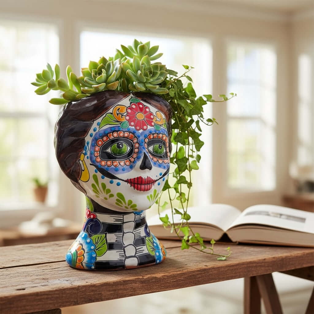Hand Sign Dead Talavera Skull Face Planter | Hand-Painted Day of the Dead Pottery ...