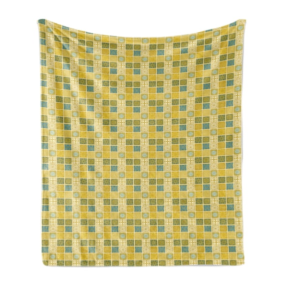 Talavera Soft Flannel Fleece Throw Blanket, Traditional Pattern with Different Folkloric Ornamental Squares, Cozy Plush for Indoor and Outdoor Use, 50" x 60", Dark Yellow Multicolor, by Ambesonne