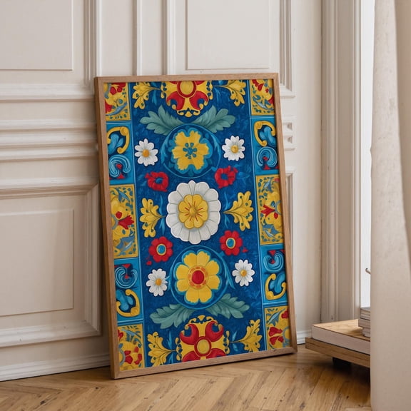 Talavera Tile Mexican Floral Pattern Colourful Folk Art Vibrant Blue Kitchen Boho Spanish Poster Unframed Paper Print