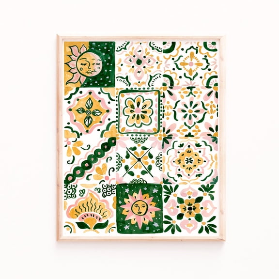 Talavera Tile Wall Art Boho Colors in Green Peach Yellow, Unframed Paper Print