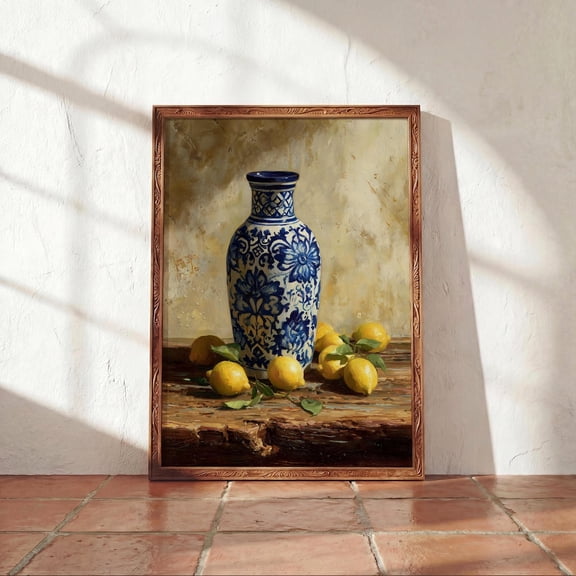 Talavera Vase Lemon Mexican Kitchen Still Life Blue White Pottery Decor Unframed Paper Print