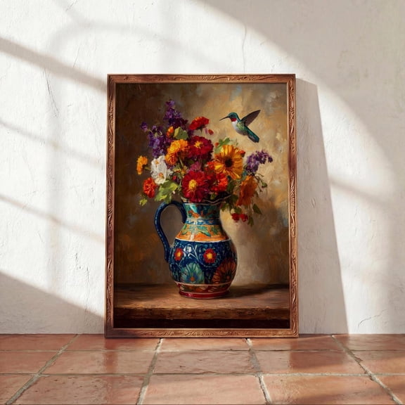 Talavera Vase Wall Art Mexican Floral Still Life Hummingbird Flower, Unframed Canvas