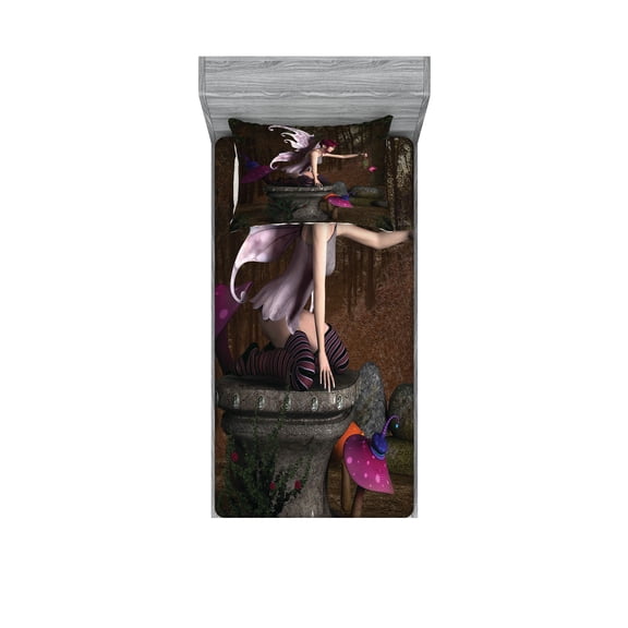 Tale Fitted Sheet & Pillow Sham Set, Dimensional Mythical Creature Design Artifact on Pedestal Forest Print, Decorative Printed 4 Piece Bedding Decor Set, Twin, Multicolor, by Ambesonne