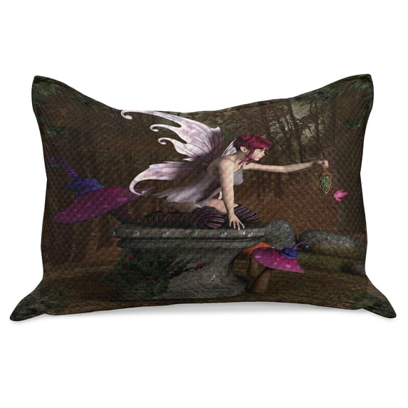 Tale Knitted Quilt Pillowcover, Dimensional Mythical Creature Design Artifact on Pedestal Forest Print, Standard King Size Pillow Cover for Bedroom, 30" x 20", Multicolor, by Ambesonne