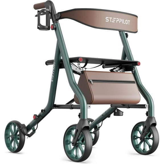 The Tale Maker Rollator Walkers with Seat for Seniors, 7-Level Adjustable Handles Height, 8'' Big Wheels Max 300 lbs Adults Rolling Walker, Dark Green