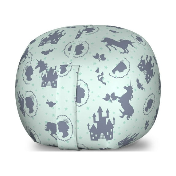 Tale Storage Toy Bag Chair, Silhouette Design Castle Prince Cartoon and Unicorn, Stuffed Animal Organizer Washable Bag, Small Size, Purpleblue Mint Green, by Ambesonne