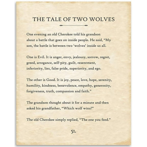 The Tale of Two Wolves Cherokee Native American Decor Poster - 11x14 Unframed Story of Two Wolves Print - Tale of Two Wolves Wall Art for Home and Office Native American Home Decor