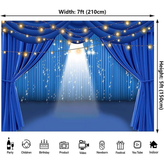 Talent Show Backdrop Blue Curtain with Stage Lights & Spotlight, Theater Stage Photography Background for Kids Performance, Magic Show, Birthday Party Decorations Supplies 72x43 Inch