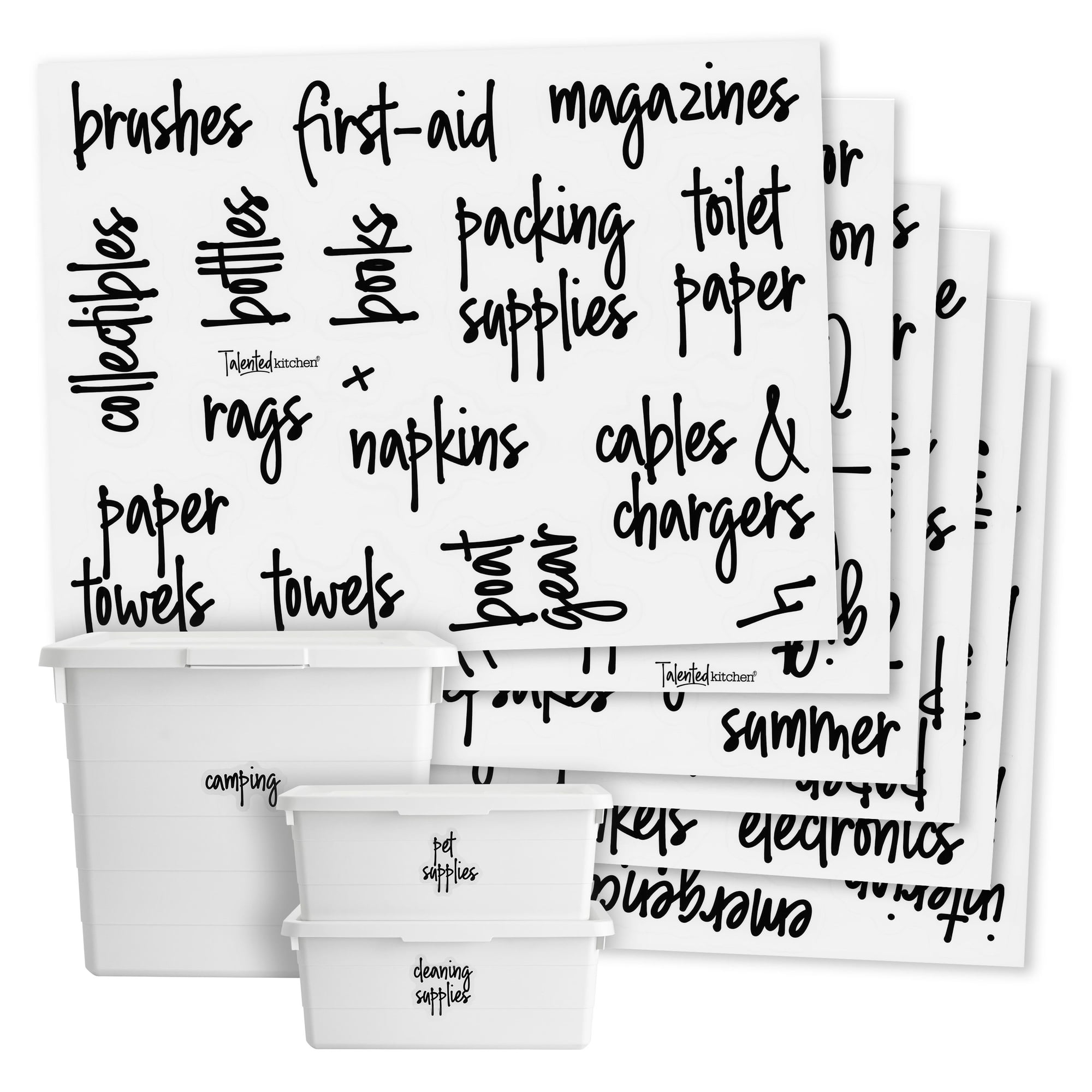 Talented Kitchen 136 Garage Labels for Storage Bins - Preprinted Black Script on Clear Household Stickers for Organizing Totes, Containers, and Boxes (Water Resistant)