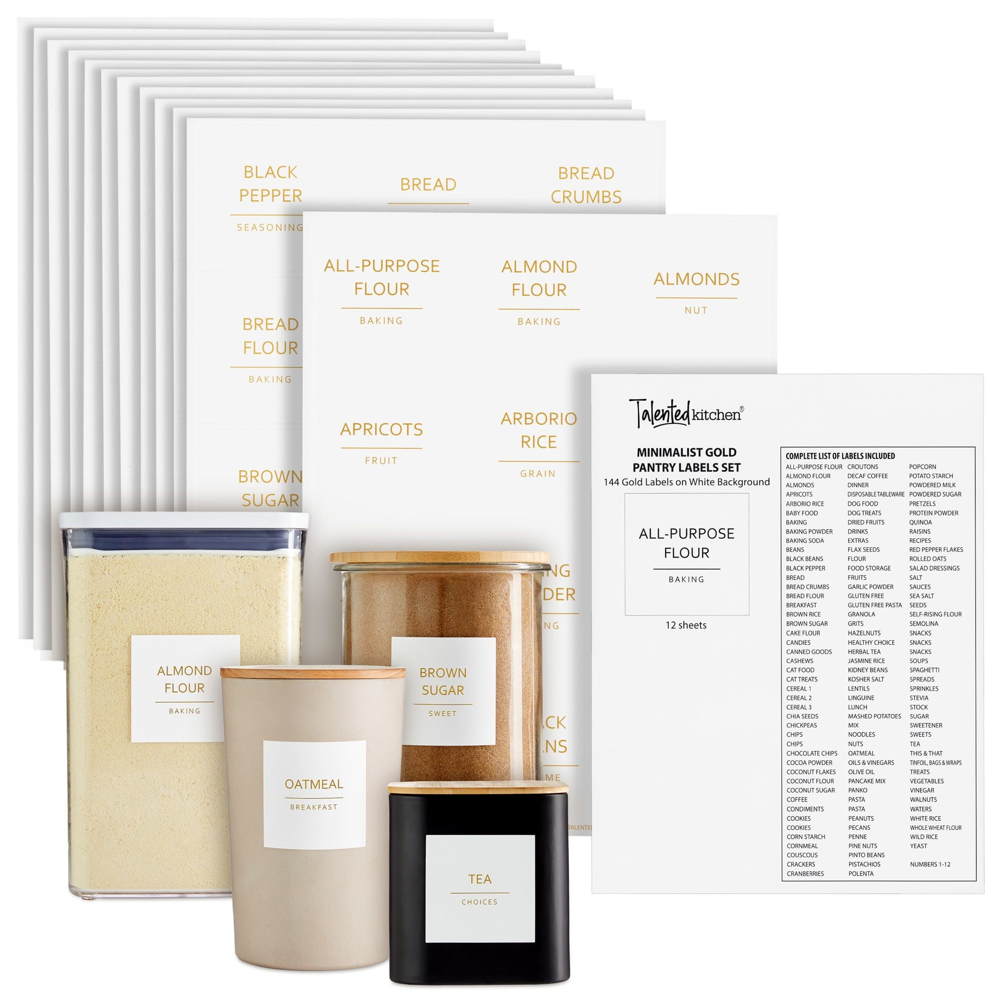 Talented Kitchen 144 Pantry Labels for Containers, Food Storage - Preprinted Gold All-Caps on Matte White Vinyl Stickers for Minimalist Style Kitchen (Water Resistant)