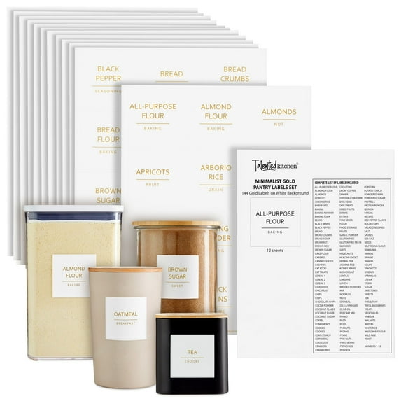 Talented Kitchen Labels for Storage Bins - Water-Resistant Food Container Stickers - Vinyl Jar Labels with Gold Text - Preprinted Pantry Container Stickers - 2.5 x 2.5 in, Pack of 144