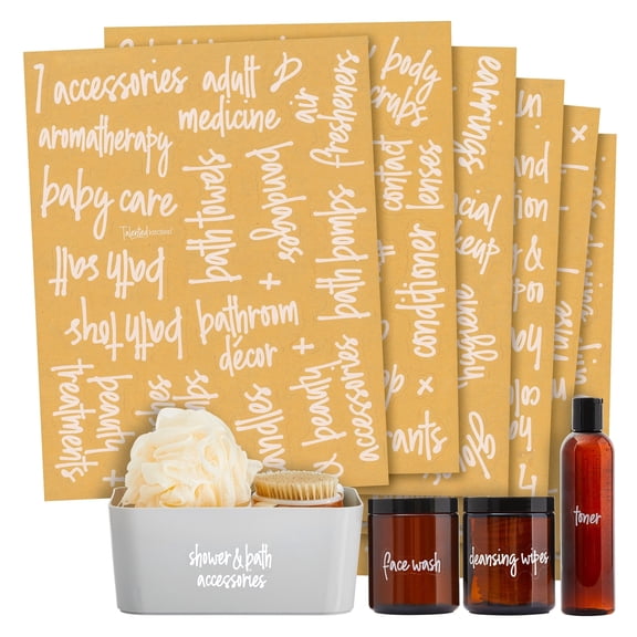 Talented Kitchen Bathroom Organization Labels White Script - 192-Pack Various Sizes - Clear Vinyl Water-Resistant Preprinted Lettering for Bathroom Storage & Essentials