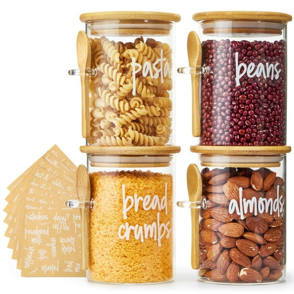 Talented Kitchen Glass Food Storage Containers with Lids - 4-Pack 17 oz Glass - Stackable Kitchen Jars for Pantry, Spice Jars & Coffee Containers for Countertop - Attached Spoons & 157 Labels