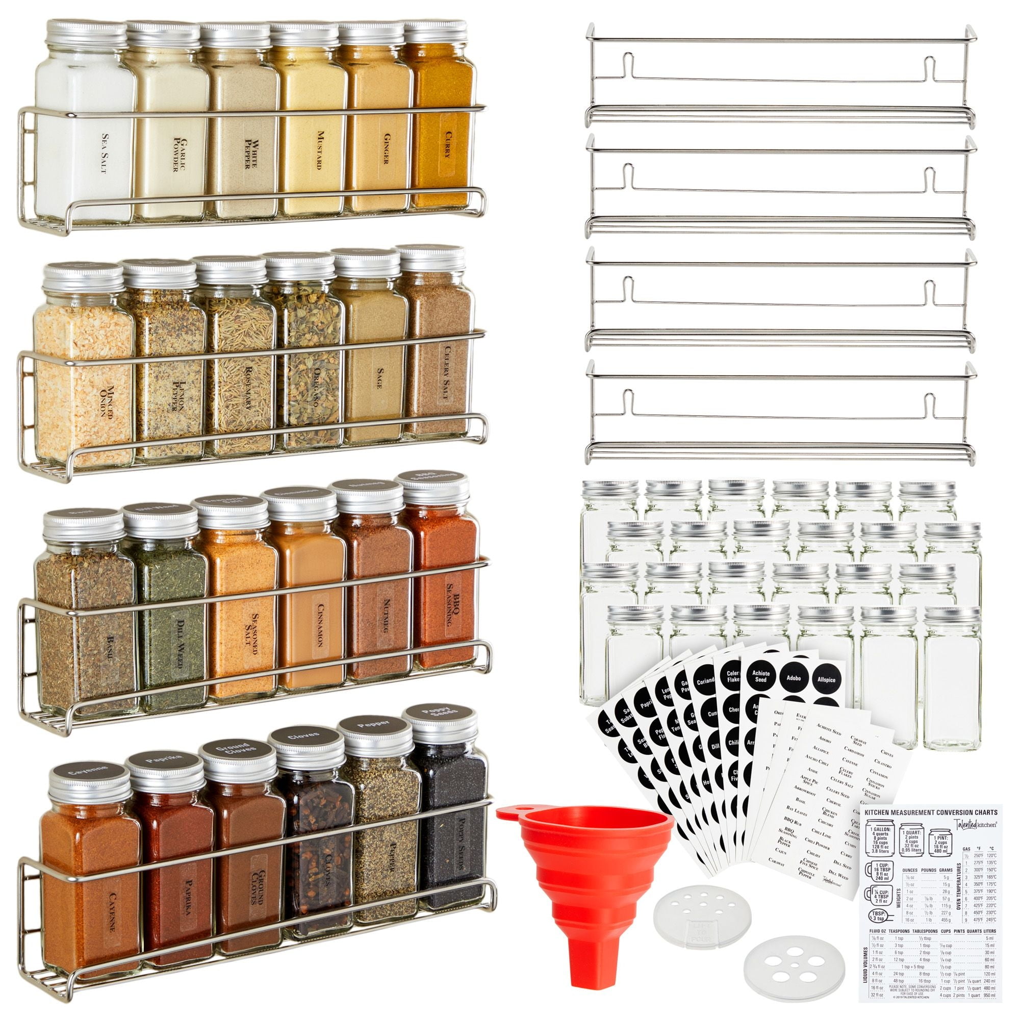  AOZITA 4 Pack Spice Rack with Jars, 25 Glass Spice Jars,  Hanging Spice Rack for Cabinet, Space Saving Rustic Wood Floating Shelves -  Spice Labels Chalk Marker and Silicone Collapsible Funnel