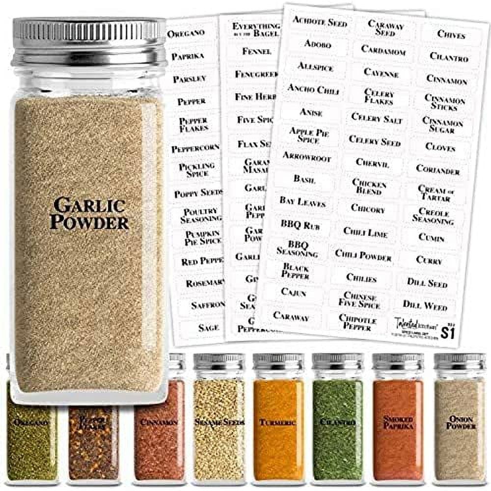 Talented Kitchen 300 Preprinted Spice Labels, Clear Spice Jar Labels for  Seasoning, Herbs, Pantry and Kitchen Spice Rack Organization, Black and  White Cursive Font