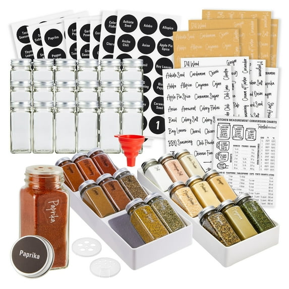 Talented Kitchen Spice Drawer Organizer with Jars and Labels with 18 Empty 4-oz Spice Bottles, 416 Seasoning Labels, 2 Pcs 3-Tier Trays for Drawer (5.9 x 15 In)