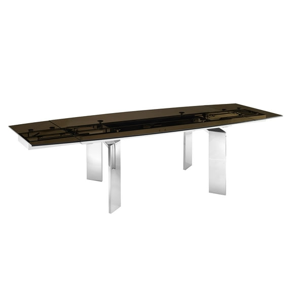 Talenti Casa ASTOR motorized dining table in smoked glass with polished stainless steel base.