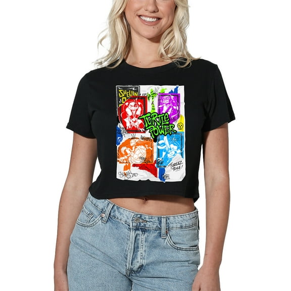 Tales of the Teenage Mutant Ninja Turtles Lino Posters Women's Crop Top T-Shirt, Black, X-Large