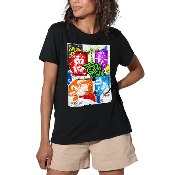 Tales of the Teenage Mutant Ninja Turtles Lino Posters Women's Loose T-Shirt, Black, Small