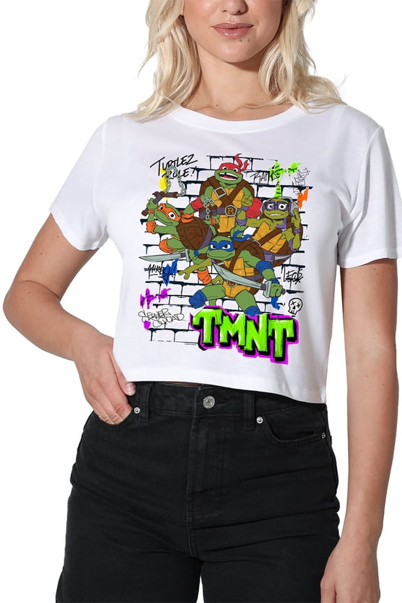 Tales of the Teenage Mutant Ninja Turtles Poster Brick Wall Women's Crop Top T-Shirt, White, Small