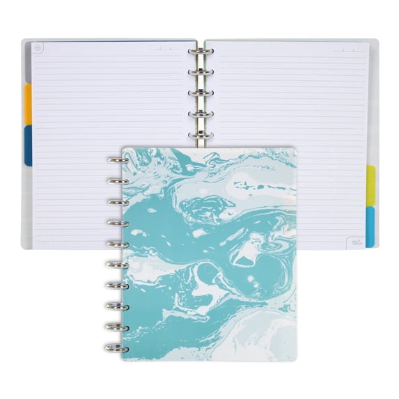 Talia Notebook Planner Customizable – 03243 (Marble Flow Turquoise /Silver Disc, Midsize (7.5in x 9.75in)