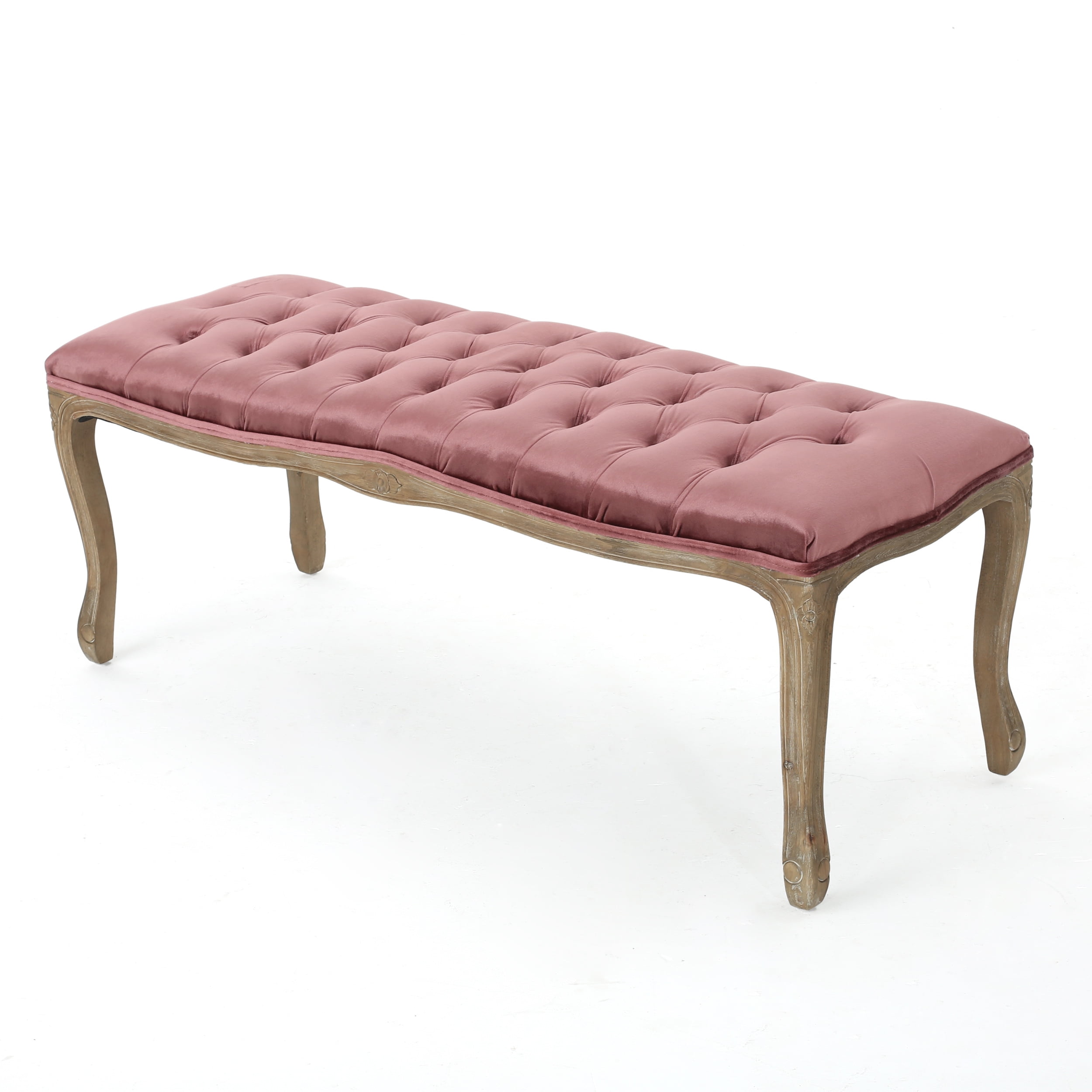 Blush Velvet Tufted Bench with Natural Rubberwood Legs