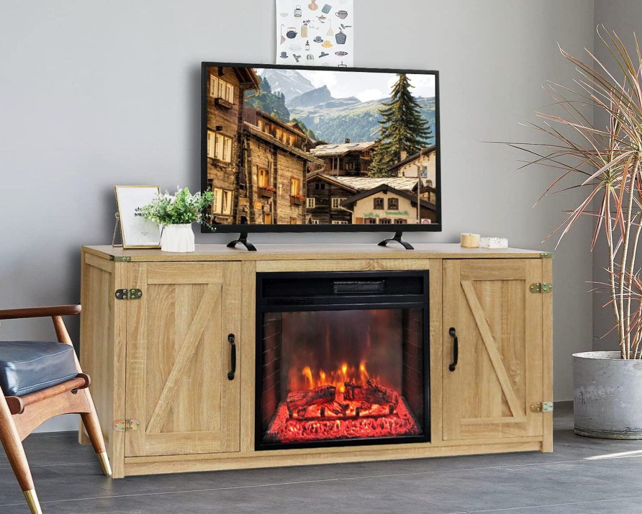 "TaliaPosy Electric Fireplace TV Stand 65 Inch, Oak Electric Fireplace