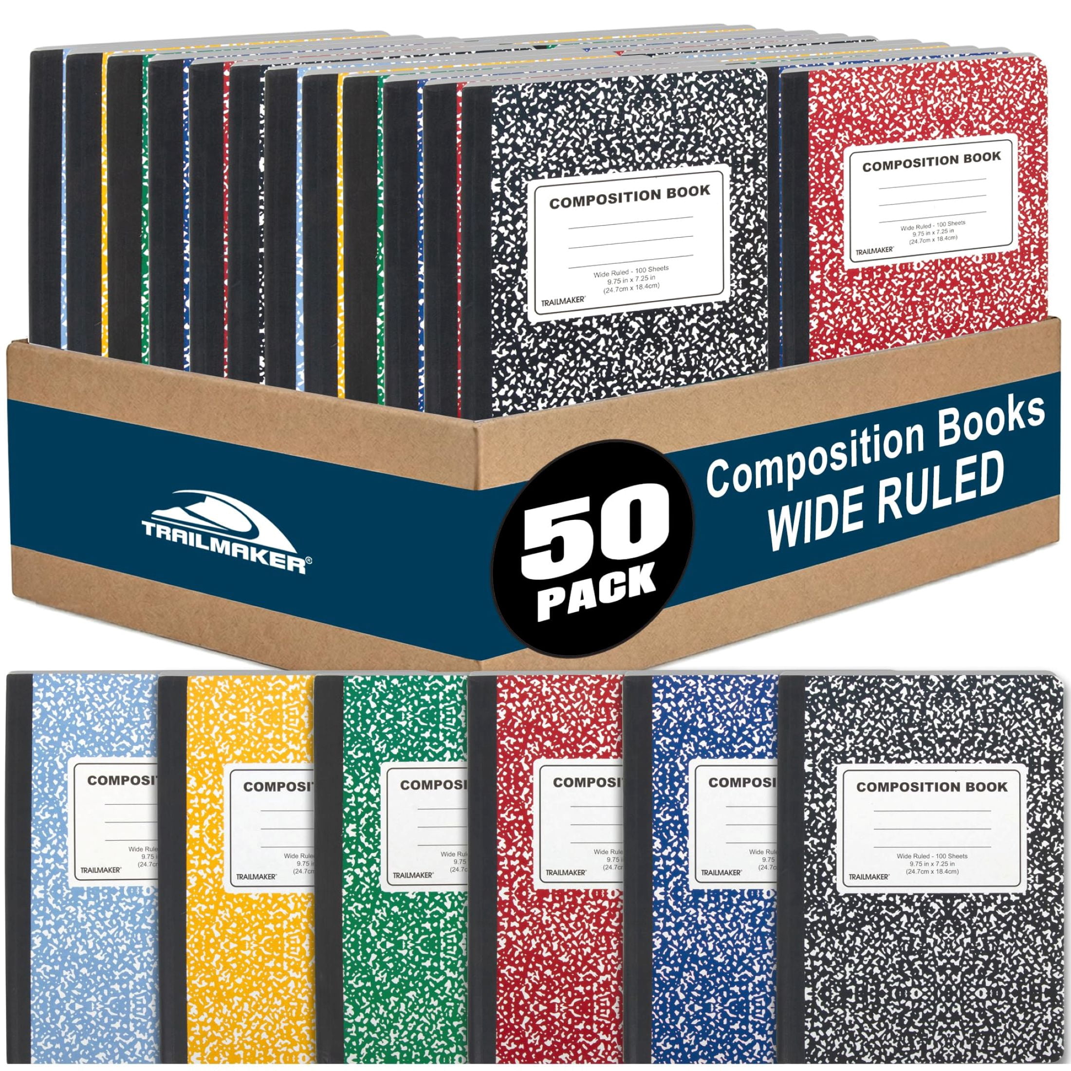 Trailmaker Bulk Composition Notebooks Colored (50 Pack), Wide Ruled Marble Cover, 200 Pages (100 Sheets), 9.75 x 7.5, Bulk School Supplies for Classroom, Office & School Donations
