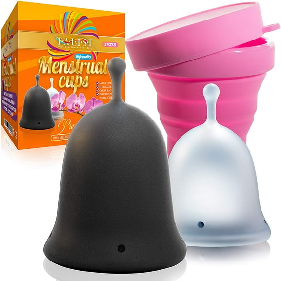 Talisi Feminine Hygiene Menstrual Cups with Collapsible Sterilizer - Menstruation Period Cup - Flexible Soft Reusable Silicon Menstrual Cup - Small and Large Size - Regular and Heavy Flow