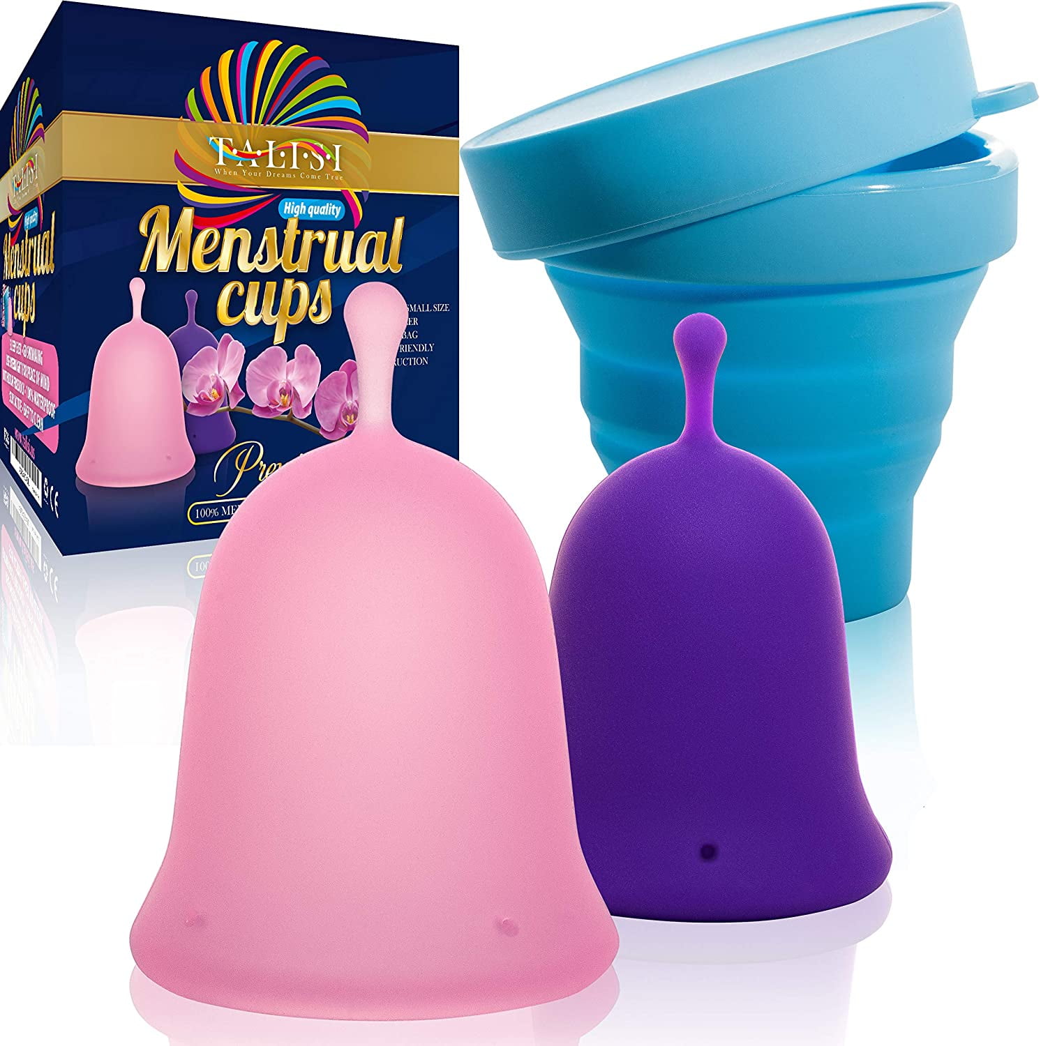 Talisi Reusable Menstrual Cup with Collapsible Silicone Foldable Sterilizing Cup Set of 3 Large Small Sizes Silicone Soft Cups with Sterilizer Feminine Hygiene Period Cup Tampon and Pad Alternative