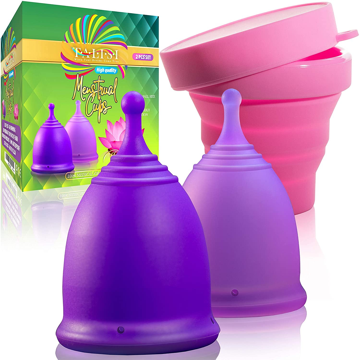 Talisi Soft Feminine Menstrual Cups  Reusable Menstruation Cup  Flexible Period Cup Set with Sterilizing Menstrual Cup and Carry Bag - Alternative to Tampons and Pads - Regular and Heavy Flow