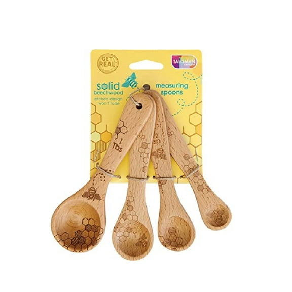 Talisman Designs Laser Etched Beechwood Measuring Spoons | Set of 4 | Honey Bee Design | Natural Wooden