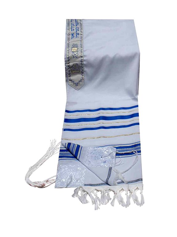 Acrylic Tallit (Imitation Wool) Prayer Shawl Blue and Gold Stripes in Size 24" Long and 72" Wide
