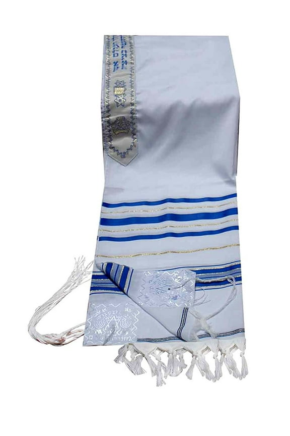 Acrylic Tallit (Imitation Wool) Prayer Shawl Blue and Gold Stripes in Size 24" Long and 72" Wide
