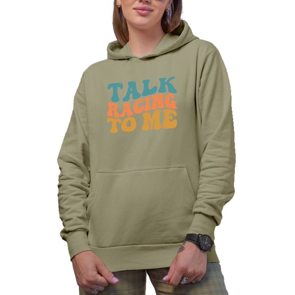 Talk Racing to Me, Car Enthusiast or Racer Themed Quote, Groovy Retro Wavy Text Merch Gift, Sand Hooded Sweatshirt or Hoodie, Small