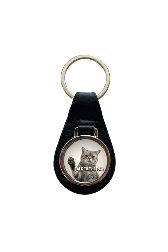 Talk To The Paw Funny Saying Cat Metal Black Leather Keychain