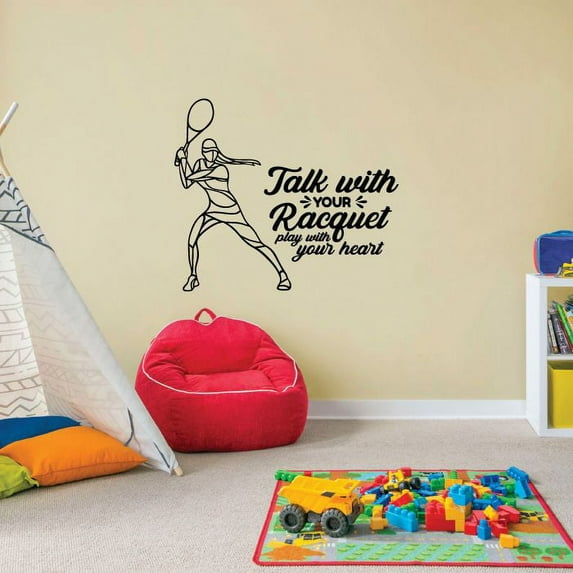 Talk With Your Racquet Play With Your Heart Quote Tennis Player Vinyl Wall Sticker Wall Art Decal Tennis Sports Boys Girls Kids Room Design Bedroom Tennis Sports Wall Sticker Decal Size (30x30 inch)
