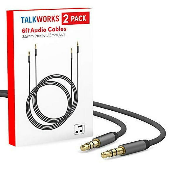 TalkWorks Aux Cable 3.5mm Audio Cord for Car (2 Pack) 6ft Long Heavy Duty Male to Male Jack Auxiliary Cord Extension Adapter for Apple iPhone, Android for Samsung Galaxy, Headphones, Stereo