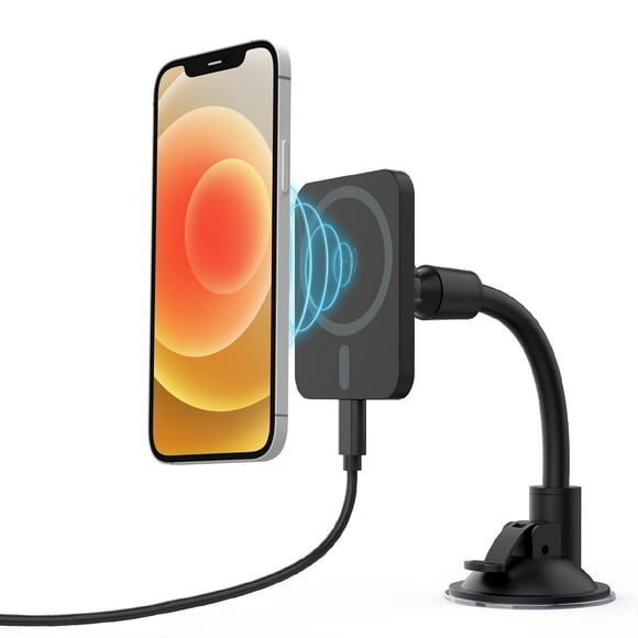 TalkWorks Magnetic Gooseneck Car IFF17 Dash Windshield Cell Stand Mount Charger Compatible w/i15/Pro/Max, 14/Plus/Pro/Max, 13/Mini/Pro/Max, 12/Mini/Pro/Max MagSafe Smartphone Cases (Black)