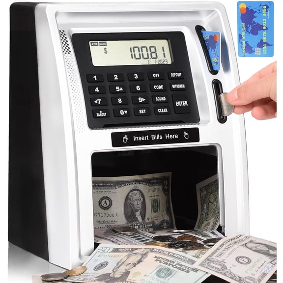 Talking ATM Piggy Bank for Real Money with Dual Debit Cards, Power-Off Memory, Auto-Opening Drawer, Onekey Shutdown, Bill Feeder, Coin Recognition, Balance Calculator Machine